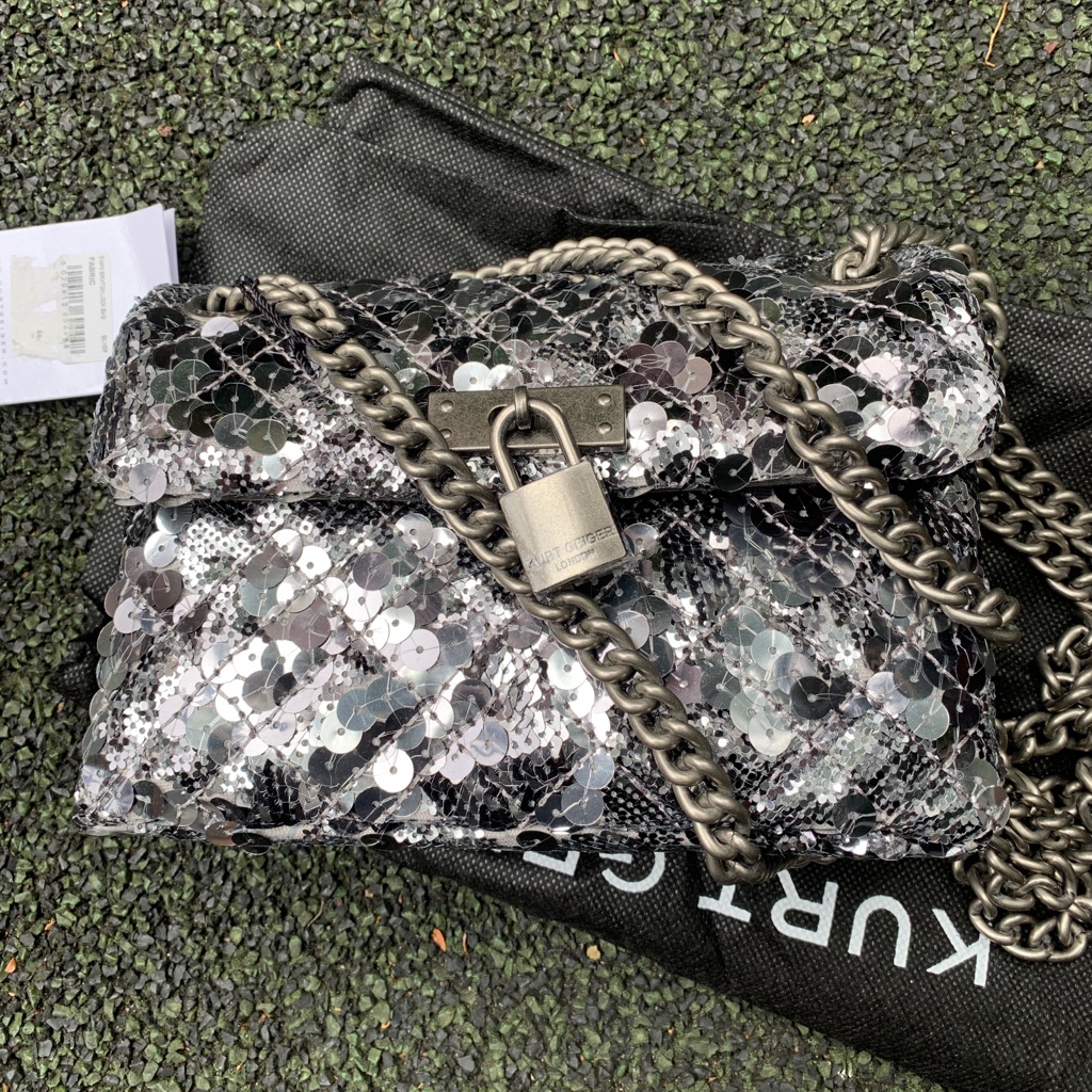 Kurt Geiger Silver And Black Sequin Quilted Crossbody Bag With Chain